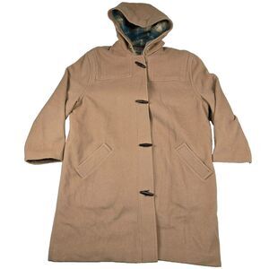 Vintage LL‎ Bean Coat Women's Size 16 Wool Toggle Hooded Long Warm Plaid Lined